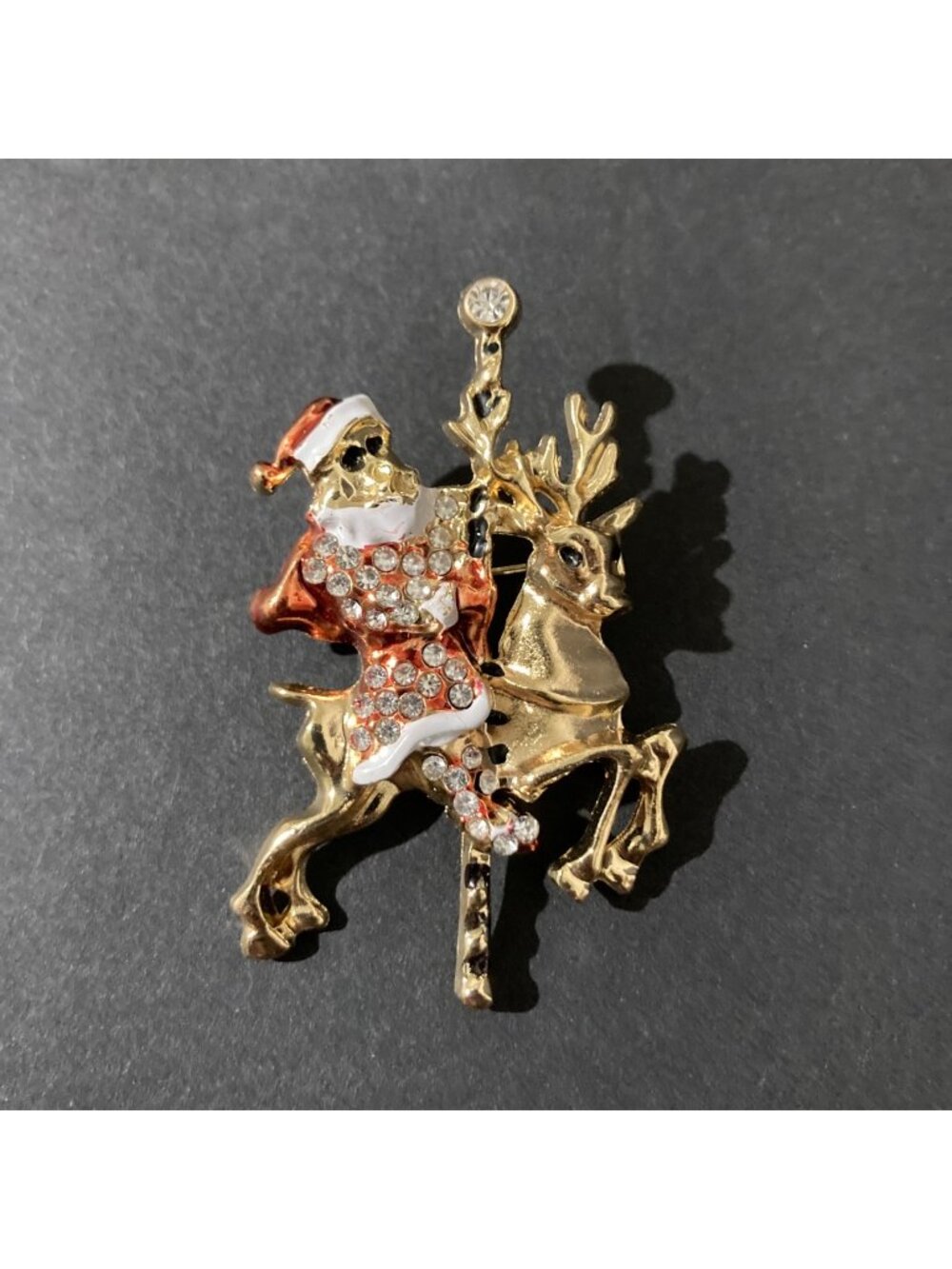 Vintage Christmas Santa And Carousel Reindeer Rhinestone Gold-Tone Brooch Pin